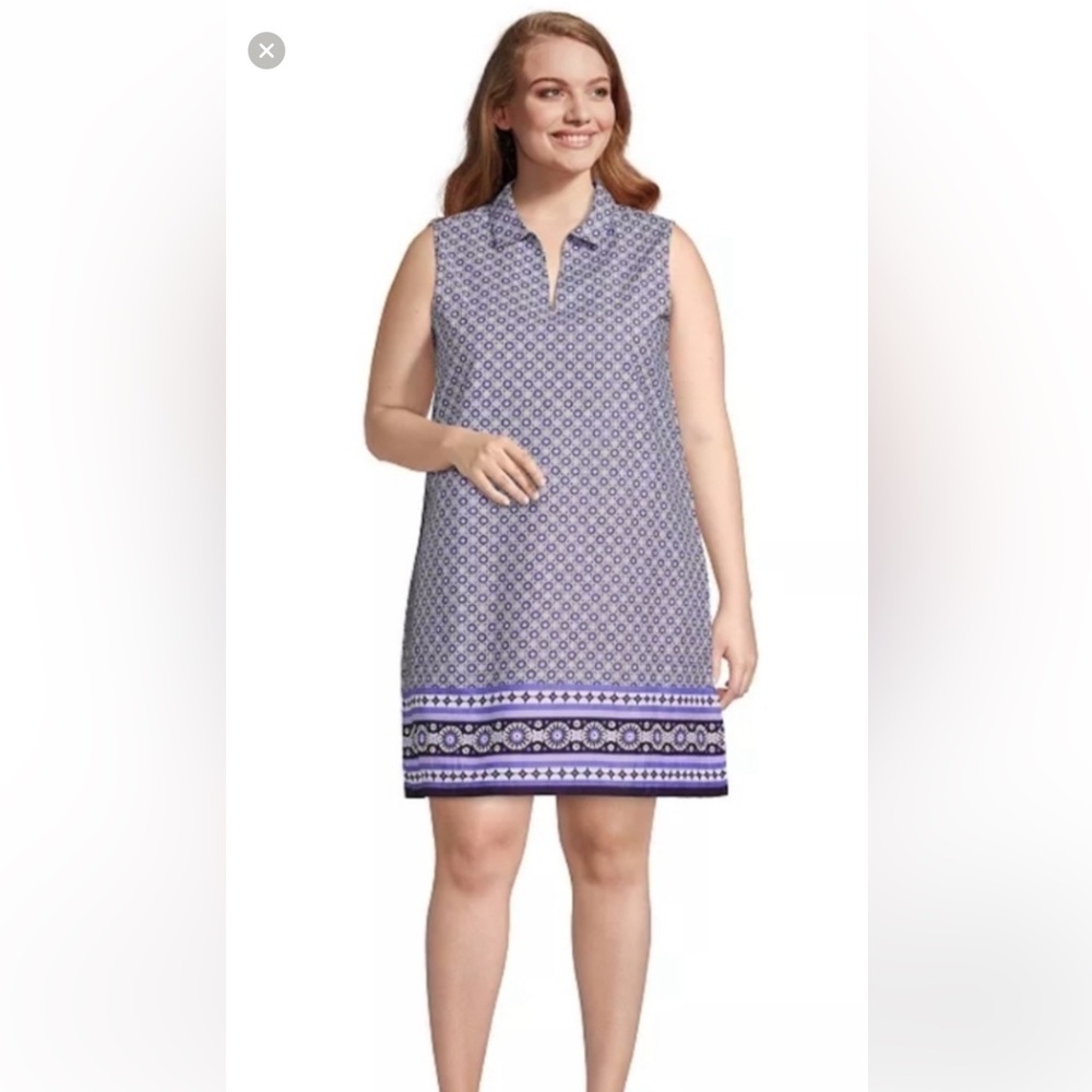 Land's end women's cotton poplin sleeveless split neck dress blue size M